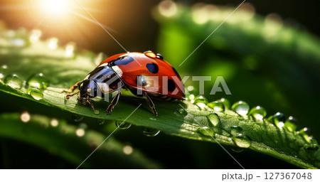 Macro Photography of a Red Ladybug Above a Green Leaf with Dew Drops - Generative Ai Macro Photography of a Red Ladybug Above a Green Leaf with Dew Drops - Generative Ai 127367048