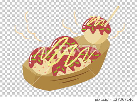5 mayonnaise takoyaki balls in a boat-shaped dish with toothpicks 127367146