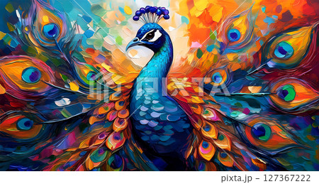 Oil Painting of a Beautiful Peacock Shows its Multicolored Tail - Generative Ai 127367222