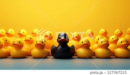 One Single Black Rubber Duck Among a Large Group of Yellow and Orange Ducks - Generative Ai One Single Black Rubber Duck Among a Large Group of Yellow and Orange Ducks - Generative Ai 127367223