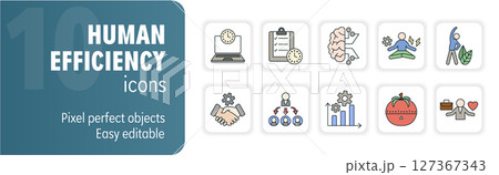 Human efficiency optimization productivity icon set showing ways to improve workflow Human efficiency optimization productivity icon set showing ways to improve workflow 127367343