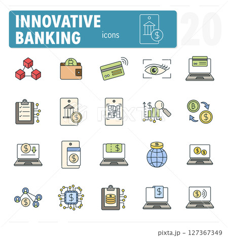 Set of innovative banking and fintech related vector line icons Set of innovative banking and fintech related vector line icons 127367349