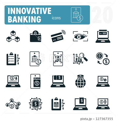 Innovative banking icon set featuring online banking, cryptocurrency, and financial technology Innovative banking icon set featuring online banking, cryptocurrency, and financial technology 127367355