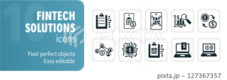 Fintech solutions icon set with bank, cryptocurrency, and financial technology symbols Fintech solutions icon set with bank, cryptocurrency, and financial technology symbols 127367357