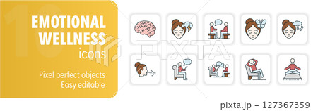 Set of emotional wellness icons featuring people meditating and talking to psychologists Set of emotional wellness icons featuring people meditating and talking to psychologists 127367359