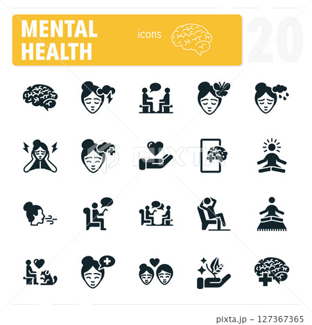 Mental health silhouette icon set featuring people experiencing mental health challenges and seeking help 127367365