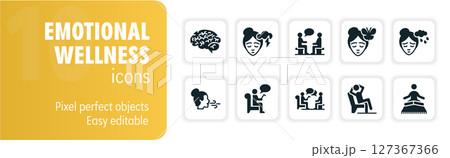 This set of vector icons represents people managing their mental health through various methods This set of vector icons represents people managing their mental health through various methods 127367366
