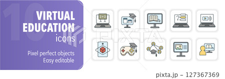 Virtual education set with online courses, video tutorials, distance learning, and gamification icons Virtual education set with online courses, video tutorials, distance learning, and gamification icons 127367369