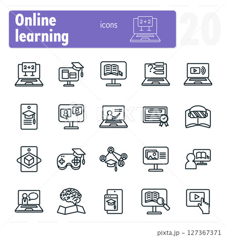 Online learning icon set featuring students and teachers using technology for education Online learning icon set featuring students and teachers using technology for education 127367371