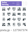 Online learning icons featuring students studying with laptops and mobile devices 127367374