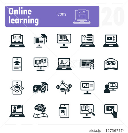 Online learning icons featuring students studying with laptops and mobile devices 127367374