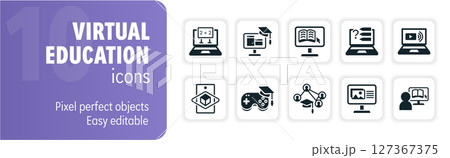This set of virtual education icons represents the modern approach to learning and knowledge acquisition 127367375