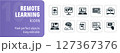 Remote learning and online education icon set featuring students learning using laptops and mobile devices 127367376