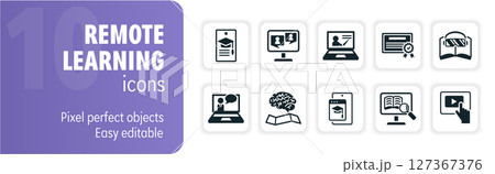 Remote learning and online education icon set featuring students learning using laptops and mobile devices 127367376