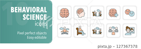 Behavioral science icon set representing psychology and mental health concepts 127367378