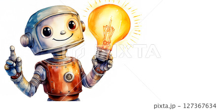 Sketch of Cute Robot Holding a Glowing Light Bulb Isolated on White - Generative Ai 127367634