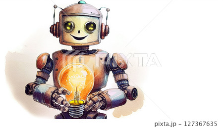 Sketch of Cute Robot Holding a Glowing Light Bulb Isolated on White - Generative Ai 127367635