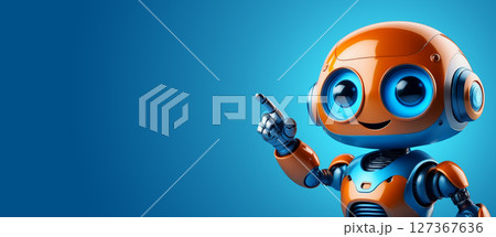 Small Cute Robot Pointing Enthusiastically an Empty Area Next To It on Blue Background - Generative Ai 127367636