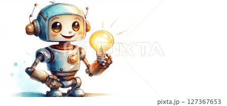 Sketch of Cute Robot Holding a Glowing Light Bulb Isolated on White - Generative Ai 127367653
