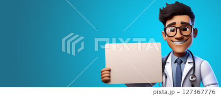 Smiling Cartoon Character of a Doctor Holding a Blank Sign - Generative Ai Smiling Cartoon Character of a Doctor Holding a Blank Sign - Generative Ai 127367776