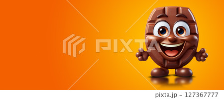 Smiling Chocolate Cartoon Character on Yellow-Orange Background - Generative Ai 127367777