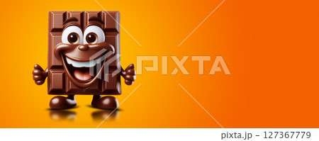 Smiling Chocolate Cartoon Character on Yellow-Orange Background - Generative Ai 127367779