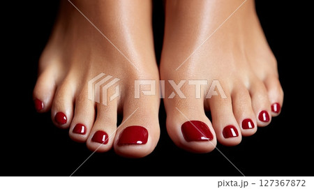Close-up of well-groomed feet with red nail polish against a dark background showcasing beauty 127367872