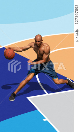 Colorful vertical poster with shirtless athlete dribbles basketball on colorful court. Professional sport, athletic performance. Colorful vertical poster with shirtless athlete dribbles basketball on colorful court. Professional sport, athletic performance. 127367892