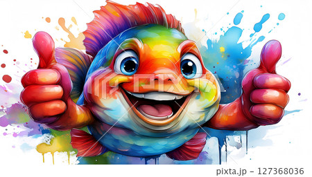 Watercolor Illustration of a Happy Fish Showing Thumbs Up - Generative Ai 127368036