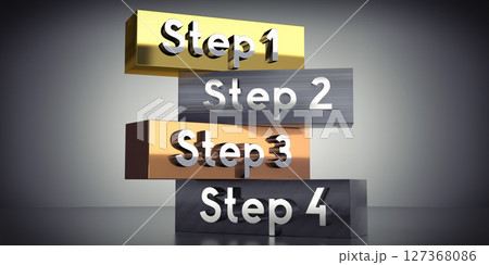 Step 1, 2, 3 and 4 - words on metal blocks - 3D illustration Step 1, 2, 3 and 4 - words on metal blocks - 3D illustration 127368086