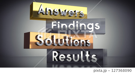 Answers, findings, solutions, results - words on metal blocks - 3D illustration 127368090
