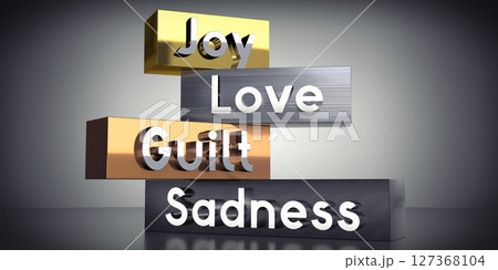 Joy, love, guilt, sadness - words on metal blocks - 3D illustration 127368104