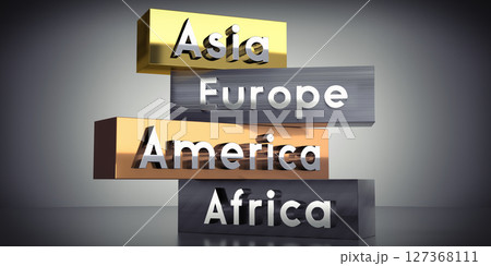 Asia, Europe, America, Africa - words on metal blocks - 3D illustration 127368111