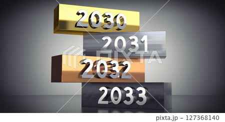 2030, 2031, 2032, 2033 - words on metal blocks - 3D illustration 127368140