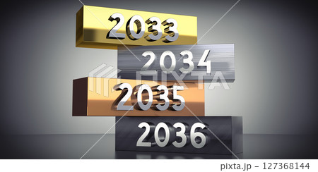 2033, 2034, 2035, 2036 - words on metal blocks - 3D illustration 127368144