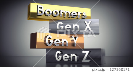 Boomers, Gen X, Gen Y, Gen Z - words on metal blocks - 3D illustration Boomers, Gen X, Gen Y, Gen Z - words on metal blocks - 3D illustration 127368171