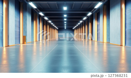 Spacious warehouse interior with bright lighting and organized storage areas for efficient operations 127368231