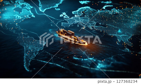 Cargo ship navigating through digital world map...のイラスト素材 [127368234 ...