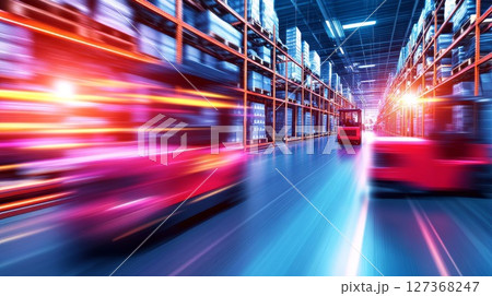 Fast-moving forklifts in a vibrant warehouse environment showcasing efficient logistics operations 127368247