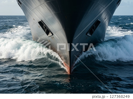Large cargo ship navigating through ocean waves, showcasing maritime transport and navigation 127368249