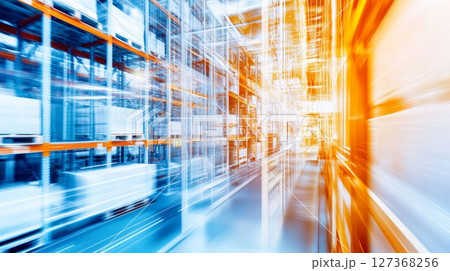 Warehouse interior with blurred motion effect showcasing storage racks and organized inventory space 127368256