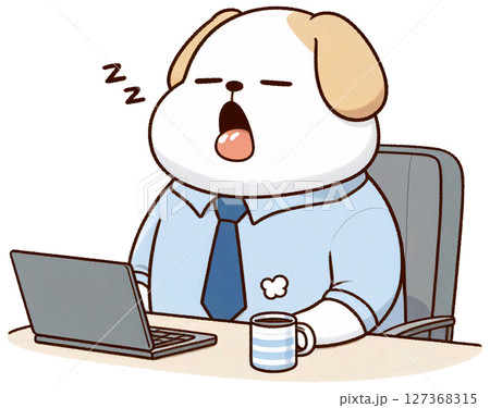 A chubby dog in office clothes yawning at a desk, Korean minimal cartoon style, few soft colors 127368315