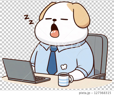A chubby dog in office clothes yawning at a desk, Korean minimal cartoon style, few soft colors 127368315