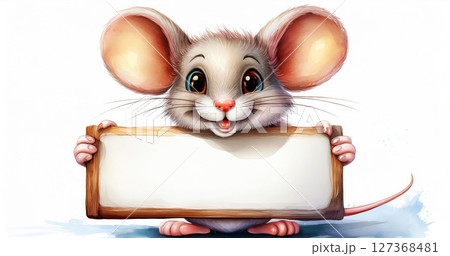 Watercolor Illustration of an Adorable Mouse Holding a Blank Sign - Generative Ai 127368481