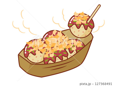 つまようじ付き船皿入りたこ焼き5個_輪郭線ありのイラスト素材