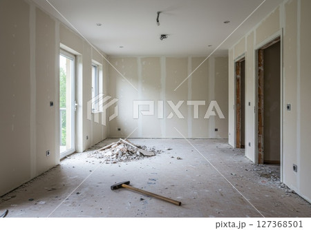 Sledgehammer resting on floor in empty room undergoing renovation with debris scattered around Sledgehammer resting on floor in empty room undergoing renovation with debris scattered around 127368501