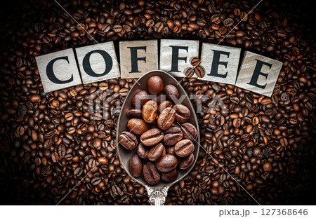 Word Coffee made of Wooden Blocks and Roasted Coffee Beans - Generative Ai 127368646