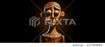Wooden Sculpture of a Man with a Sad Face Isolated on Black Background - Generative Ai 127368668