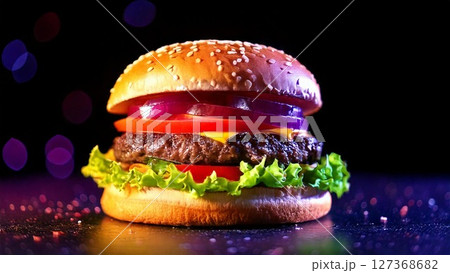 美味しそうなハンバーガーのイメージ 16:9サイズ AI生成素材 127368682