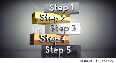 Step 1, 2, 3, 4, 5 - words on metal blocks - 3D illustration 127368799